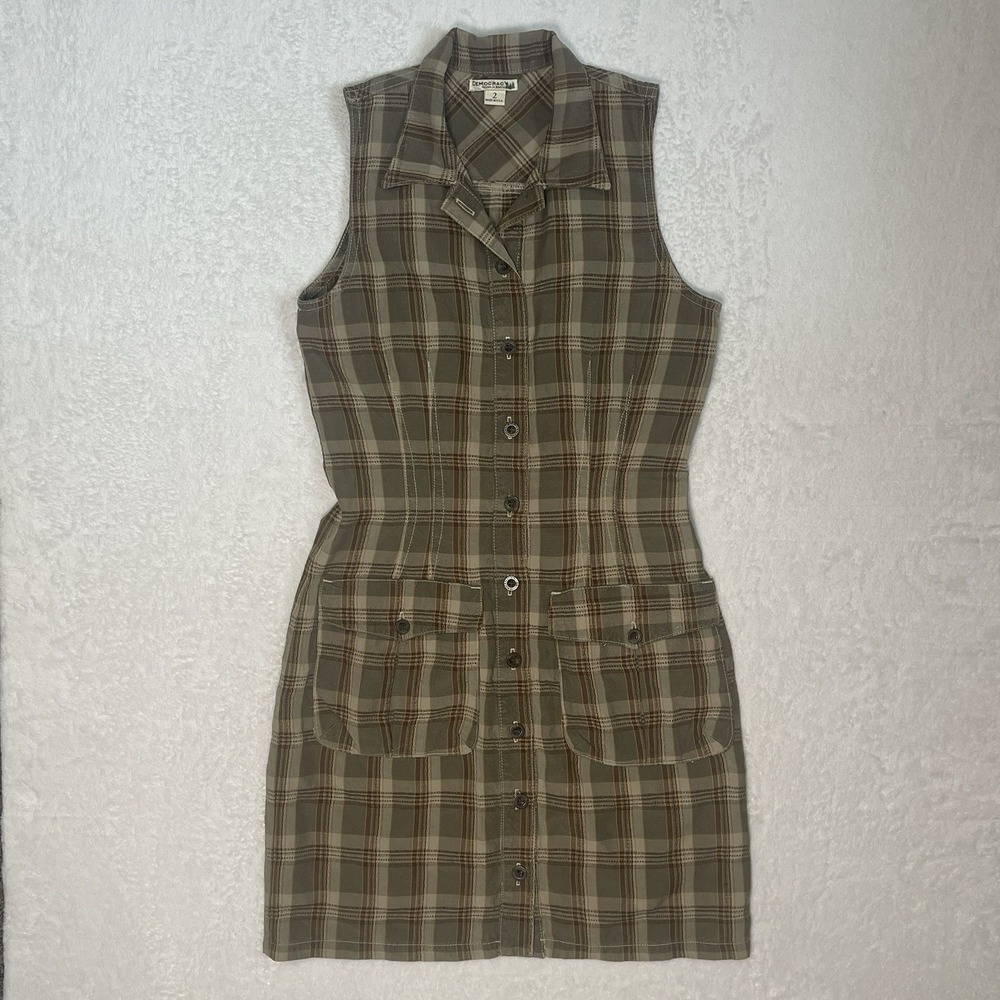 Democracy Women Sleeveless Plaid Shirt Dress Button Down Size 2